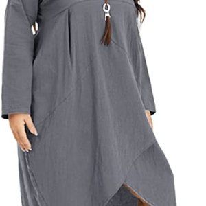 ZANZEA Women's Gray Cotton Midi Dress Long Sleeve Pleated Irregular Hem XXL